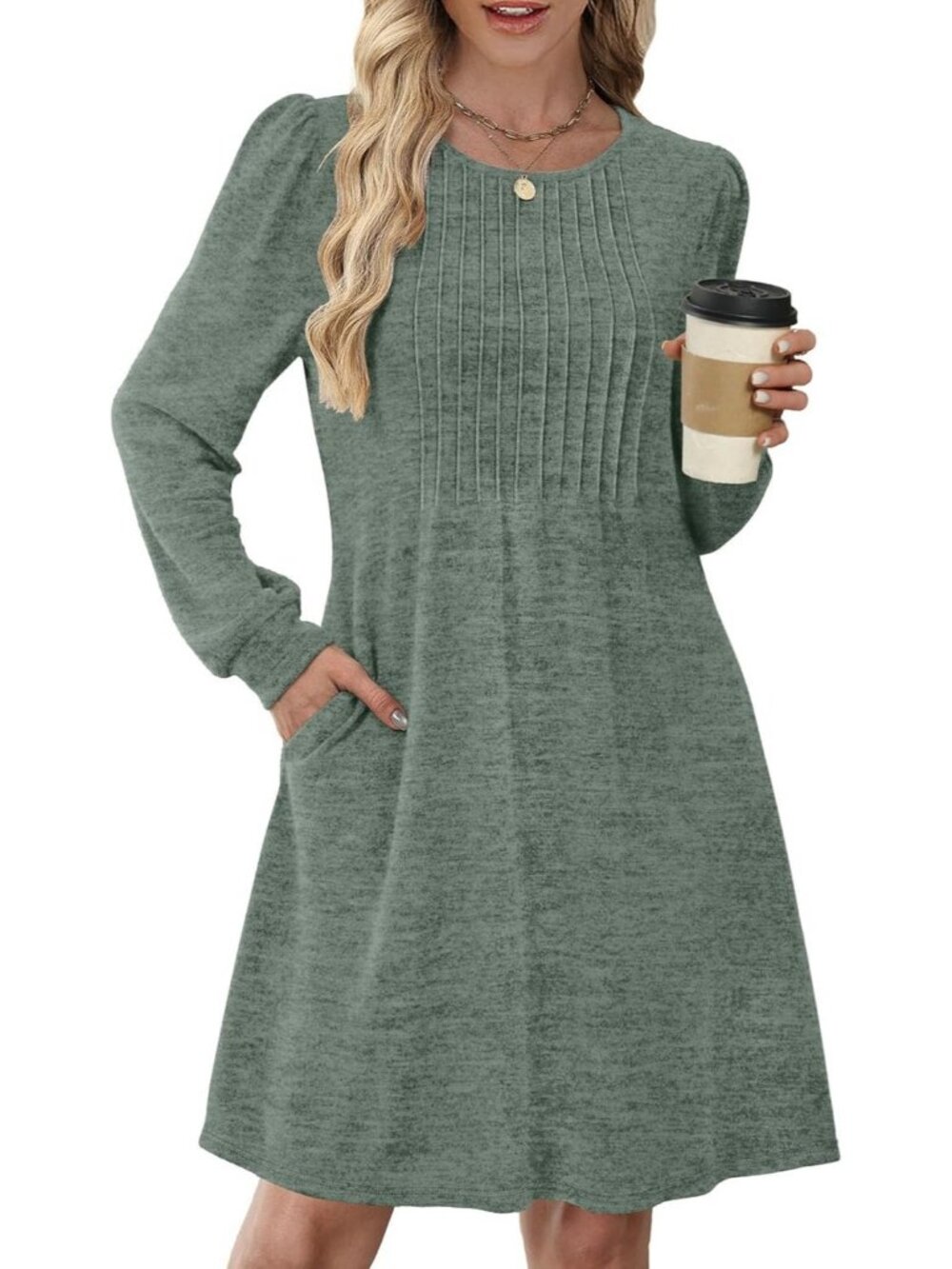 Women's Green Pleated Crew Neck Pockets Fall Baby Doll Sweater Mini Dress - Picture 2 of 5